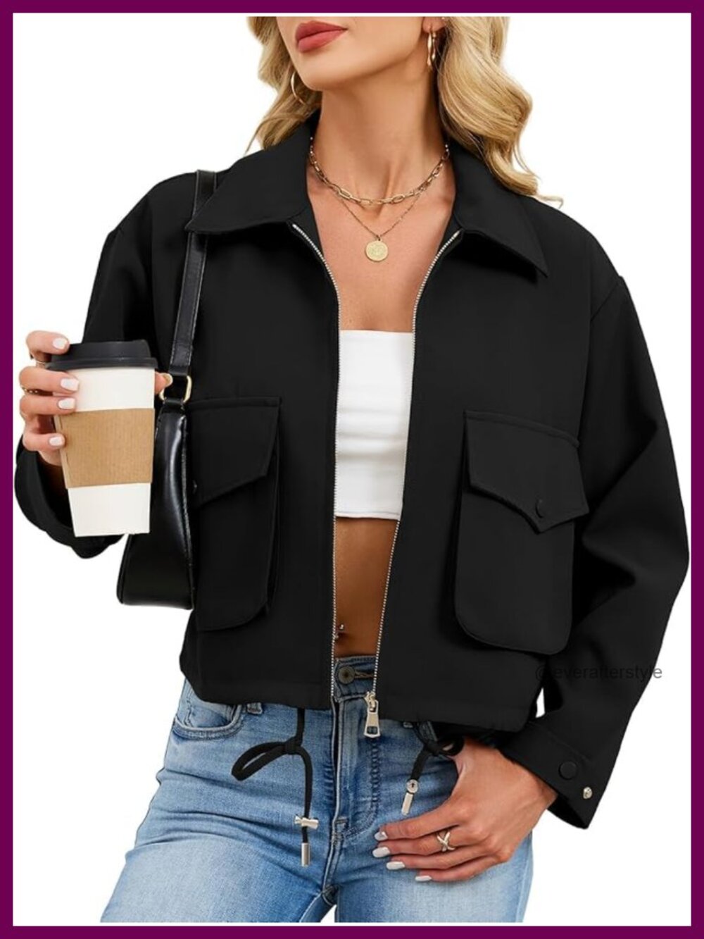 Cropped Zip Up Jacket Lightweight Utility Coat with Pockets